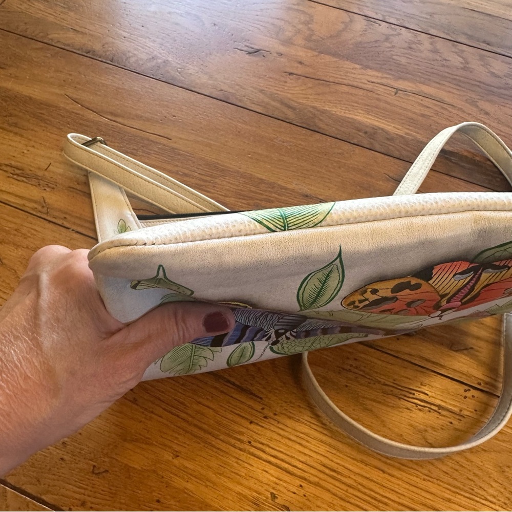 ANUSCHKA Leather Hand Painted Asymmetric Slim Crossbody Bag Butterfly Moth Print - Picture 10 of 12
